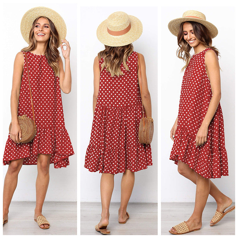 NOUVEAU RICHE Tasana | Damen Sommerliches A-Linien Kleid mit Rüschensaum und Punkten Bordeaux