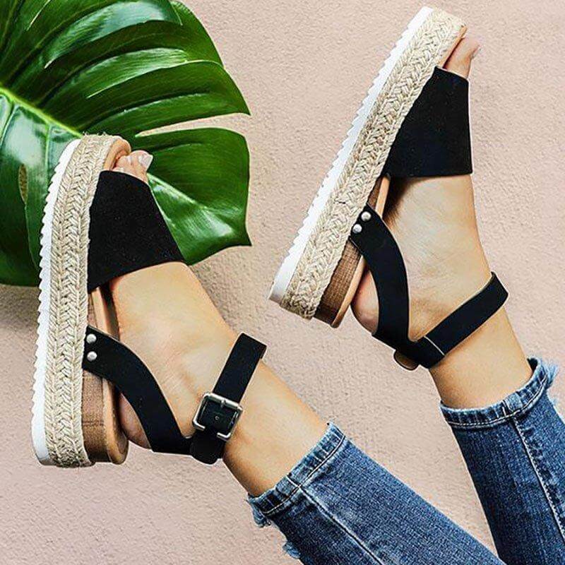 NOUVEAU RICHE Damen Sommersandalen Offene Zehen Fesselriemen 5cm Plateau Schwarz