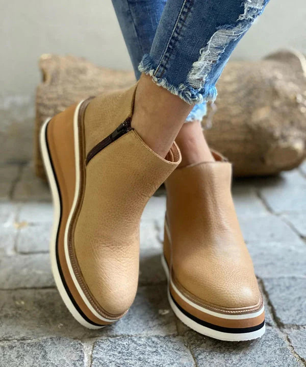 NOUVEAU RICHE Damen Stiefeletten Bequem Niedrig Mit Reissverschluss Beige