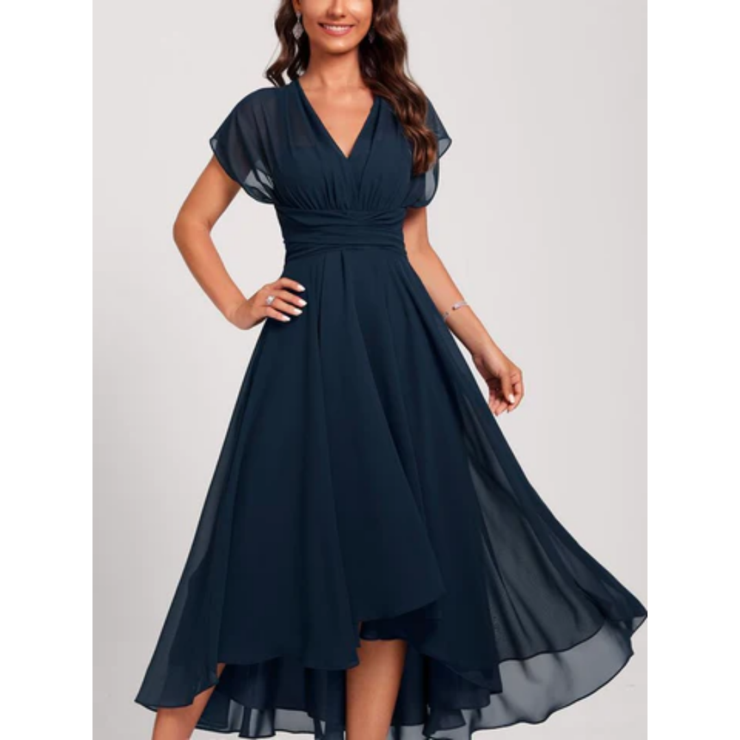 NOUVEAU RICHE Elegantes Damen V Ausschnitt Midi Kleid Ausgestellt Formell Marineblau