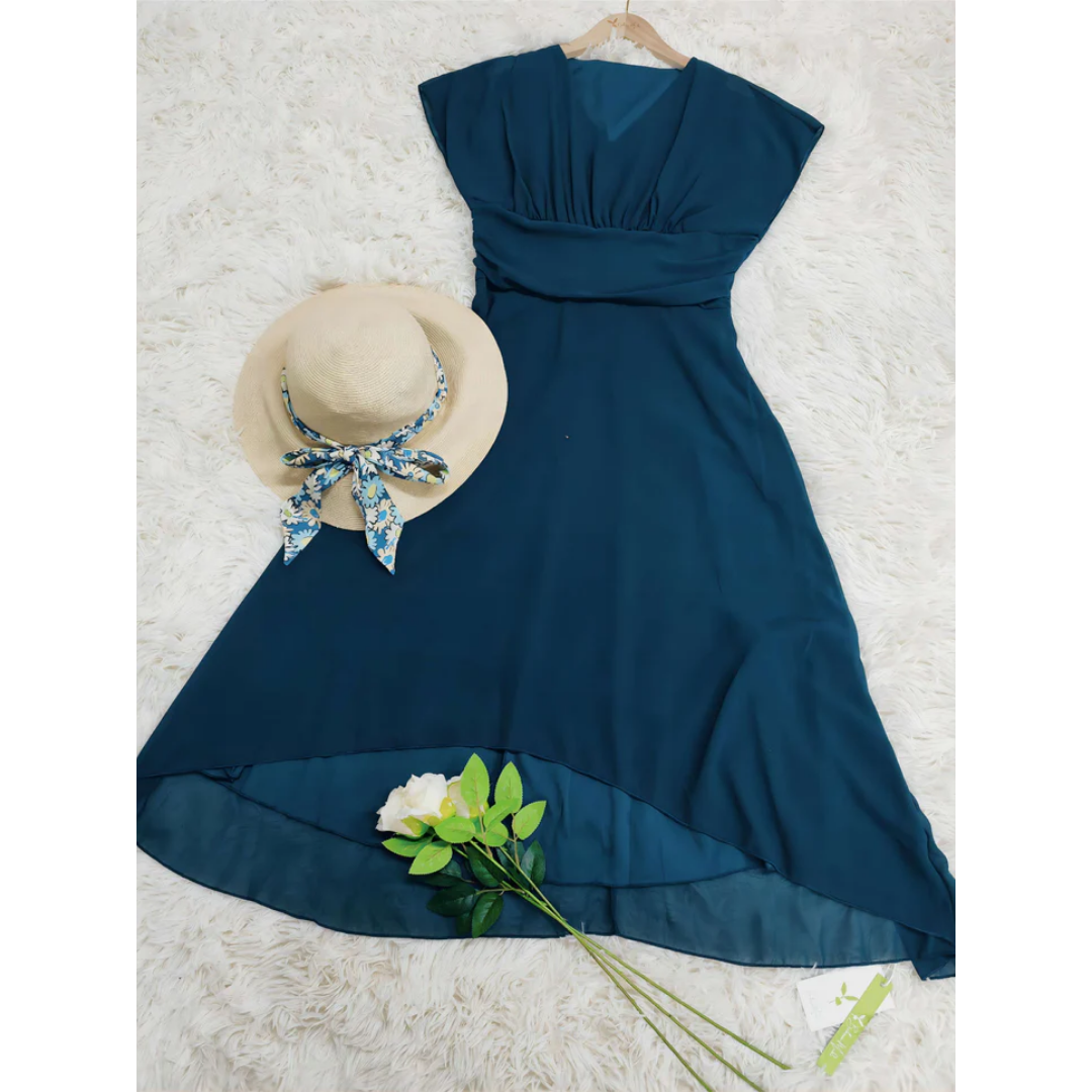 NOUVEAU RICHE Elegantes Damen V Ausschnitt Midi Kleid Ausgestellt Formell