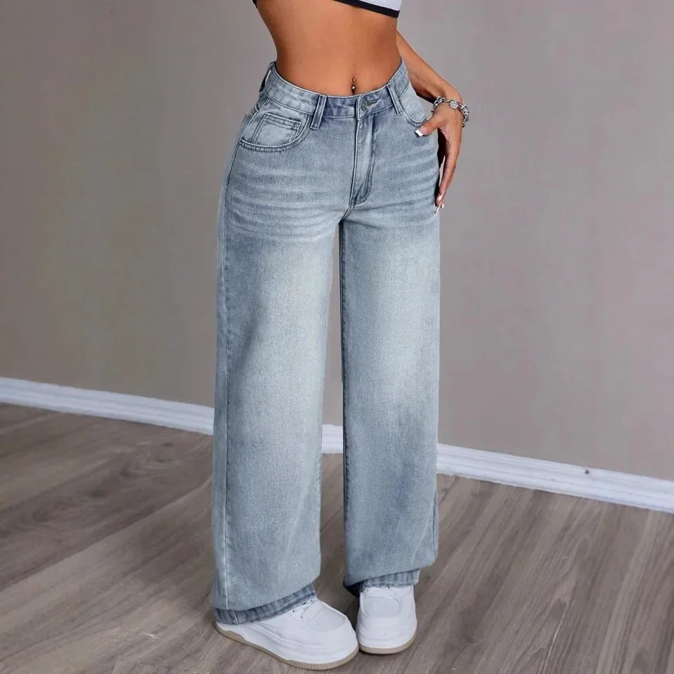 NOUVEAU RICHE Damen Vintage Mom Jeans Mit Weitem Bein Zeitloser Look Hellblau