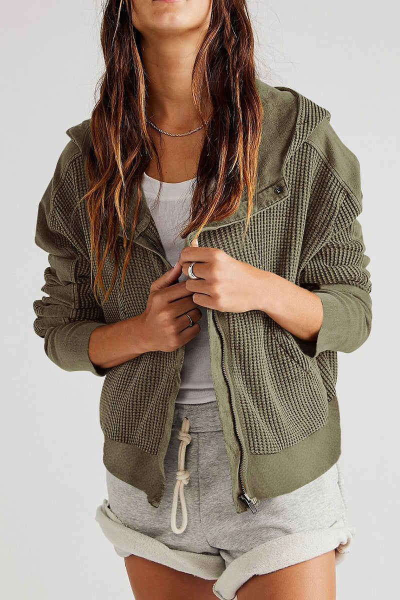 NOUVEAU RICHE Damen Waffelstrickjacke Mit Kapuze Und Langen Ärmeln Für Stilvollen Komfort An Kühlen Tagen Moos