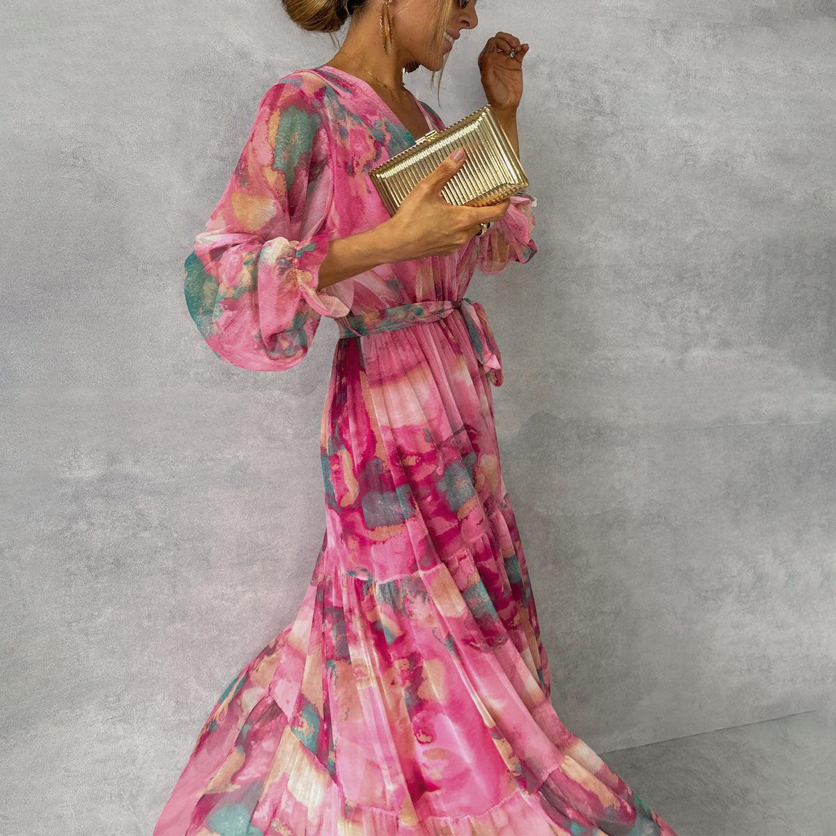 NOUVEAU RICHE Damen Maxi Wickelkleid Mit Blumenmuster Und Langen Ärmeln Rosenrot