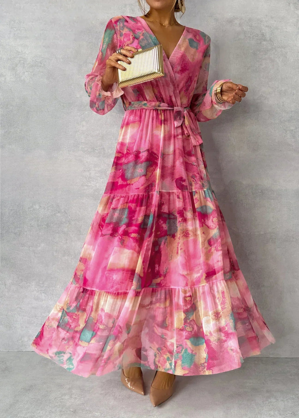 NOUVEAU RICHE Damen Maxi Wickelkleid Mit Blumenmuster Und Langen Ärmeln