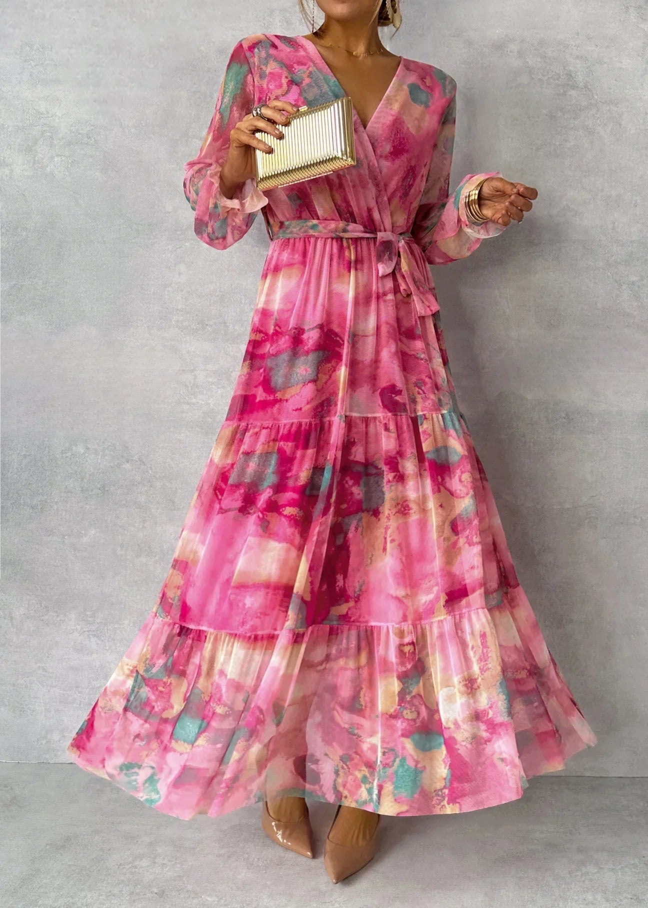 NOUVEAU RICHE Damen Maxi Wickelkleid Mit Blumenmuster Und Langen Ärmeln