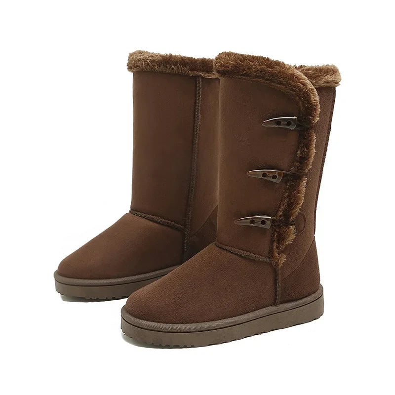 NOUVEAU RICHE Damen Winter Schneestiefel Fleecefutter Hornschnalle Kaffee