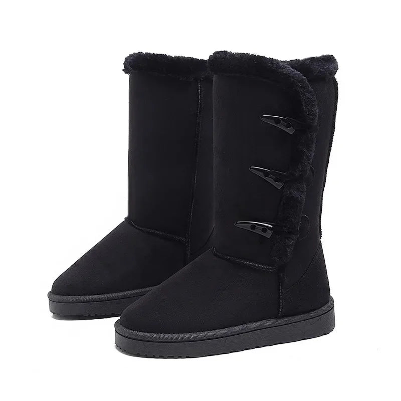 NOUVEAU RICHE Damen Winter Schneestiefel Fleecefutter Hornschnalle schwarz