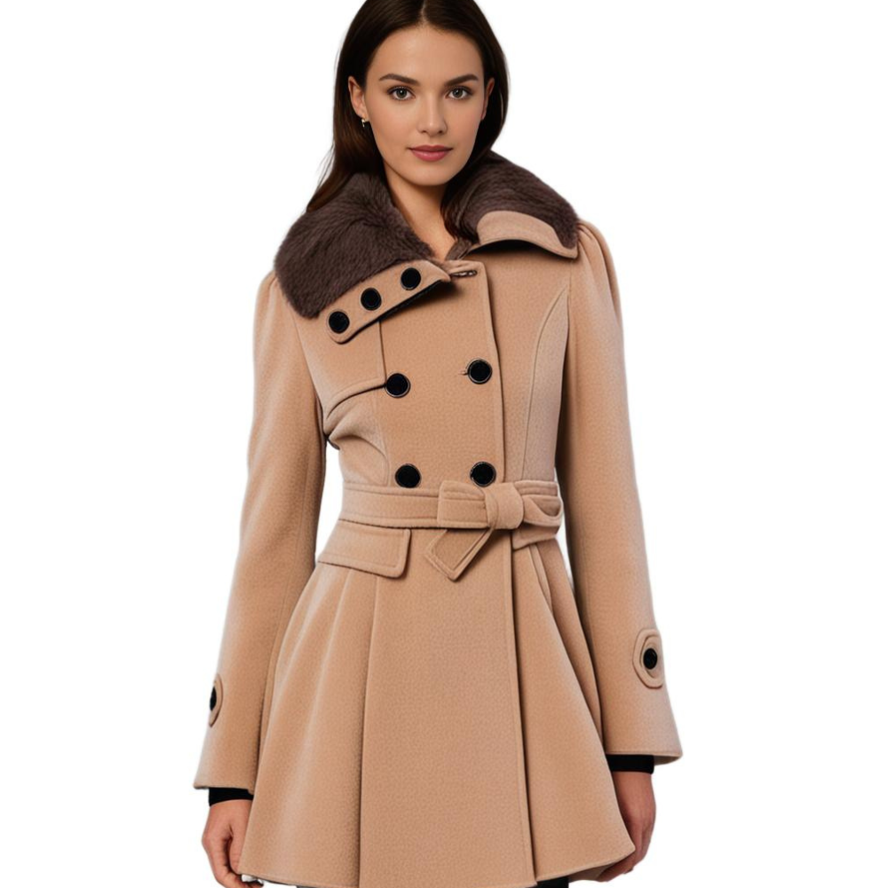 NOUVEAU RICHE Damen Winterjacke Mit Gürtel Fellfutter Warm Luxuriöse Wärme