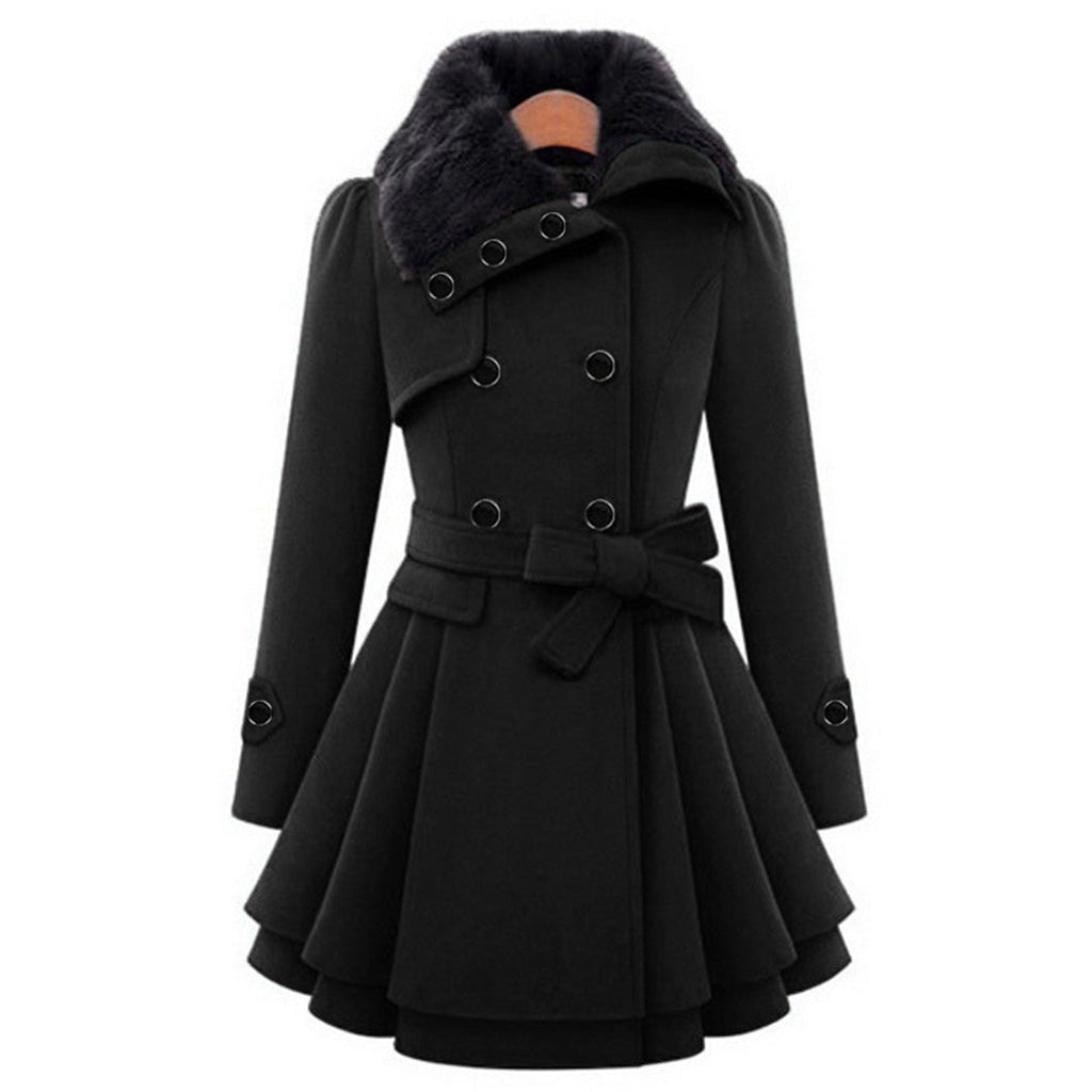 NOUVEAU RICHE Damen Winterjacke Mit Gürtel Fellfutter Warm Luxuriöse Wärme Schwarz