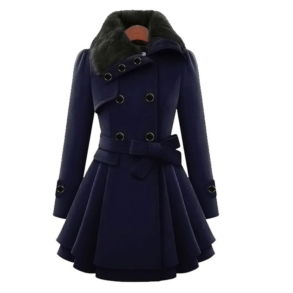 NOUVEAU RICHE Damen Winterjacke Mit Gürtel Fellfutter Warm Luxuriöse Wärme Blau