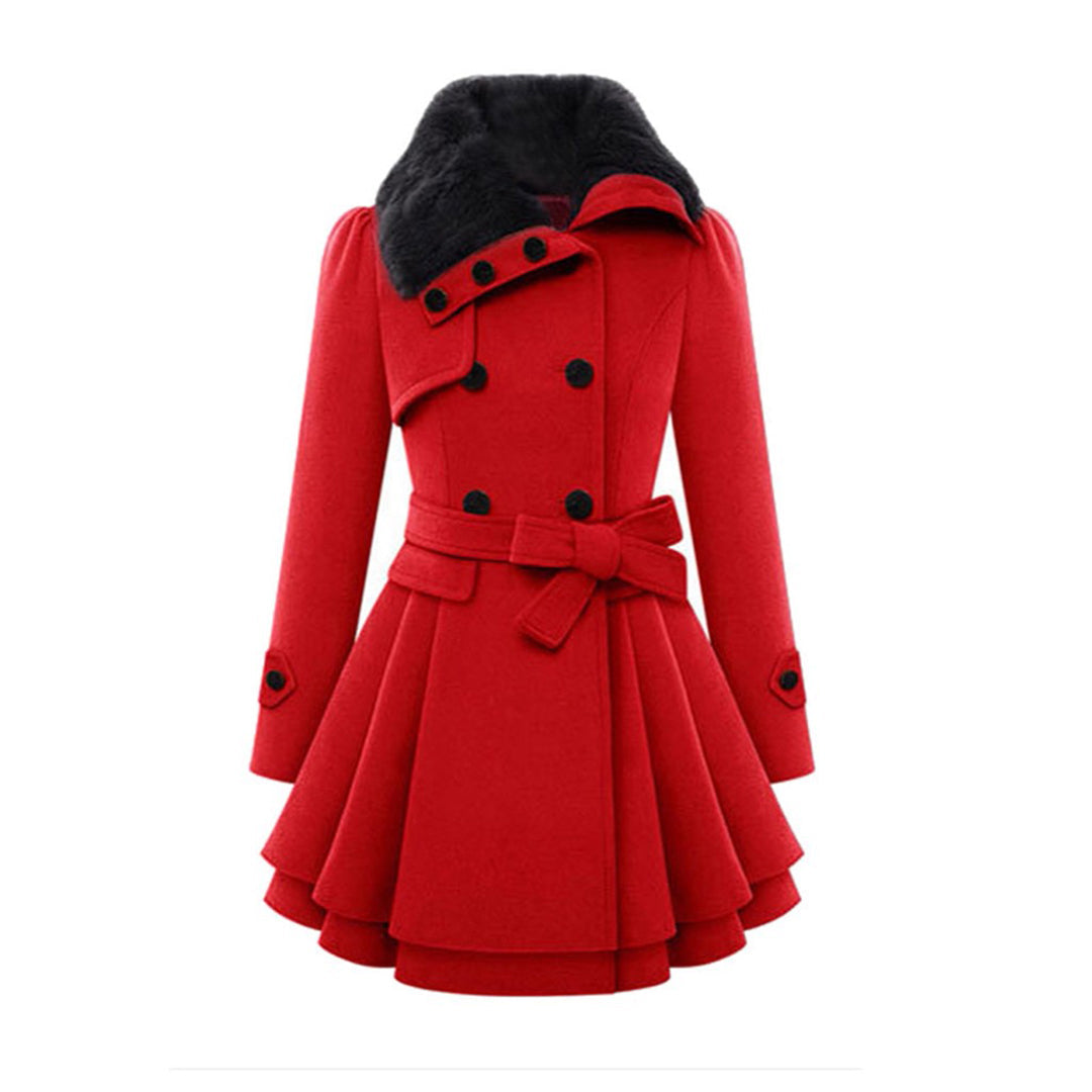 NOUVEAU RICHE Damen Winterjacke Mit Gürtel Fellfutter Warm Luxuriöse Wärme Rot