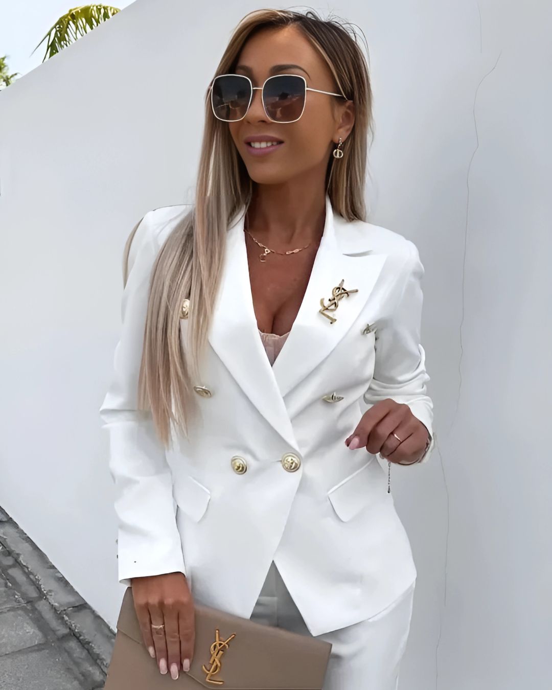 Damen Zweiteiliger Herbstanzug mit Doppelreihigem Blazer und Gerade Geschnittenen Hosen 9