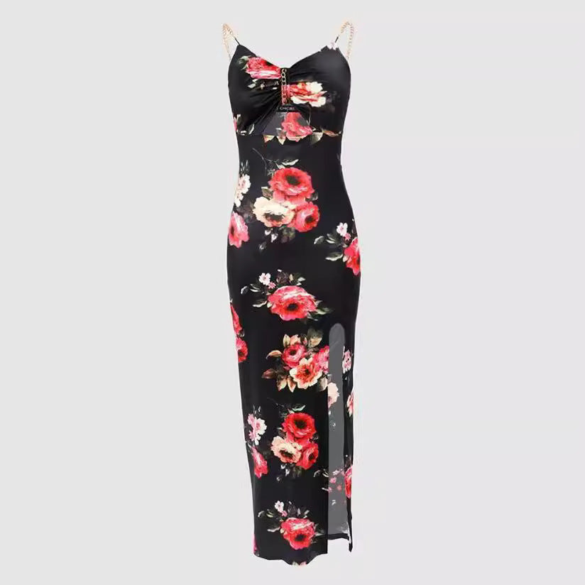 NOUVEAU RICHE Nara | Damen Figurbetontes Maxikleid – Florales Muster & Cut-Out-Detail - Cocktailkleid