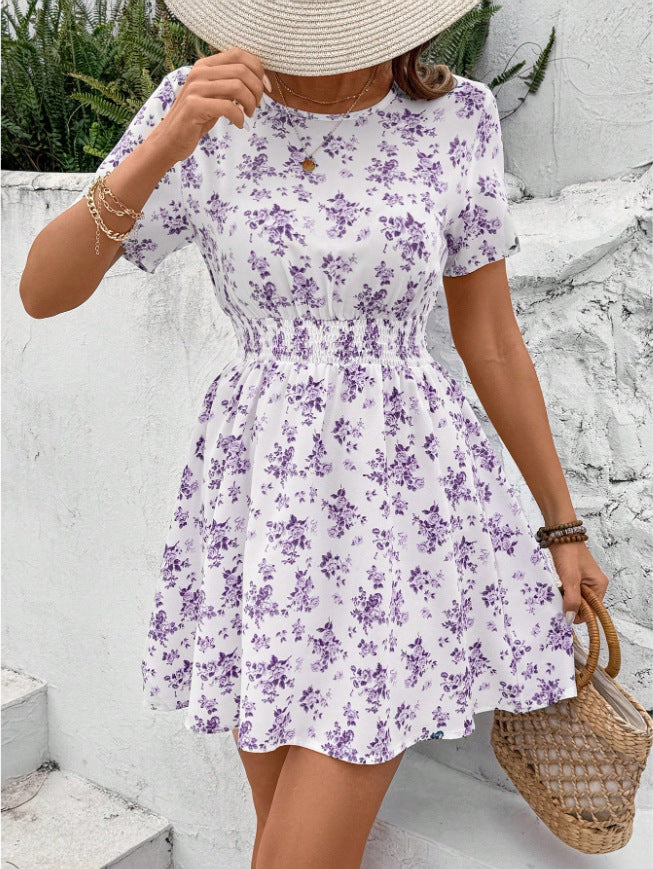NOUVEAU RICHE Carmella | Damen Lässiges Sommerkleid mit Elastischem Taillenzug und Floralem Muster Violett