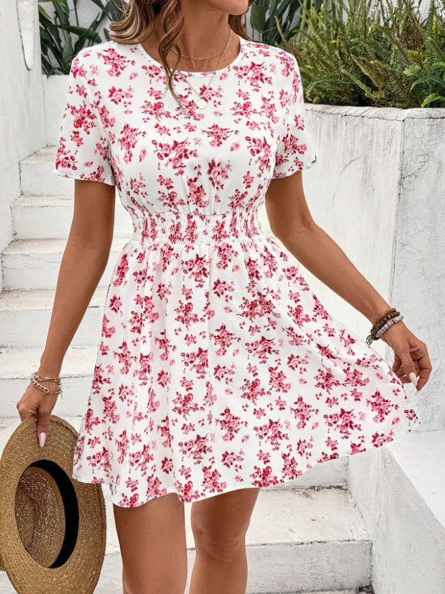 NOUVEAU RICHE Carmella | Damen Lässiges Sommerkleid mit Elastischem Taillenzug und Floralem Muster Pink