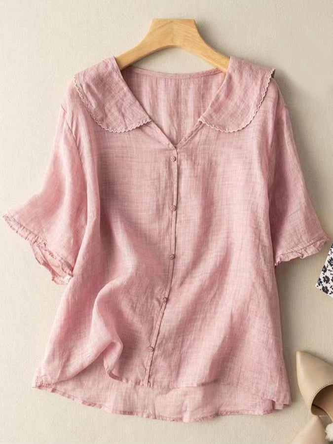 NOUVEAU RICHE Damenhemd Baumwolle Leinen Retro Stil Kurzarm Puppenkragen Rosa