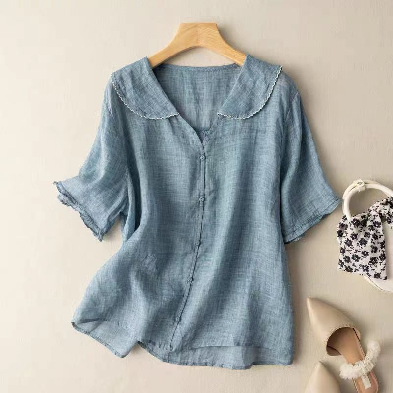 NOUVEAU RICHE Damenhemd Baumwolle Leinen Retro Stil Kurzarm Puppenkragen Blau