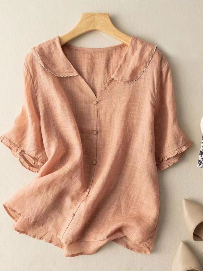 NOUVEAU RICHE Damenhemd Baumwolle Leinen Retro Stil Kurzarm Puppenkragen Orange