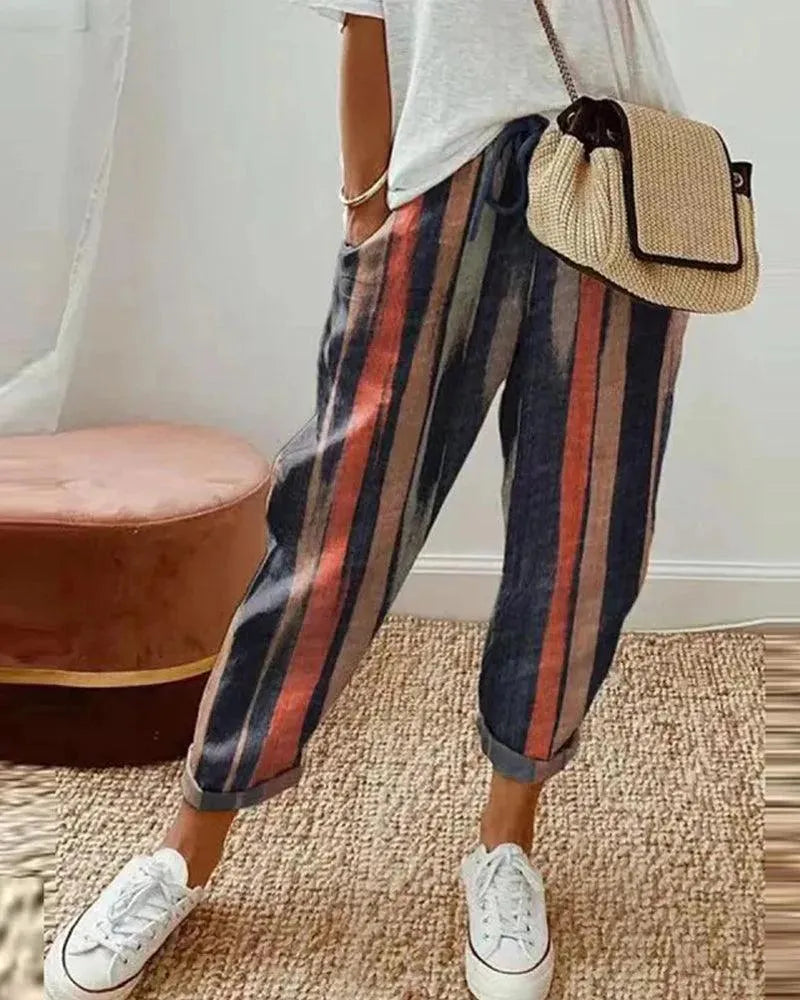 NOUVEAU RICHE Damenhose Atmungsaktiv Lockere Passform Kordelzug in Der Taille Gestreifte Freizeitkleidung für Ultimativen Komfort und Stil Streifen