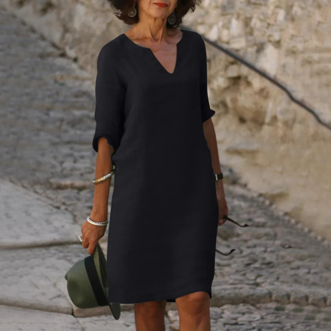 NOUVEAU RICHE Damenkleid V Ausschnitt 3 4 Ärmel Mini Figurschmeichelnd Schwarz