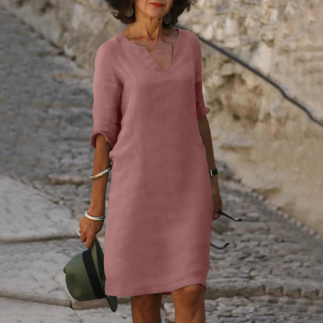 NOUVEAU RICHE Damenkleid V Ausschnitt 3 4 Ärmel Mini Figurschmeichelnd Rosa