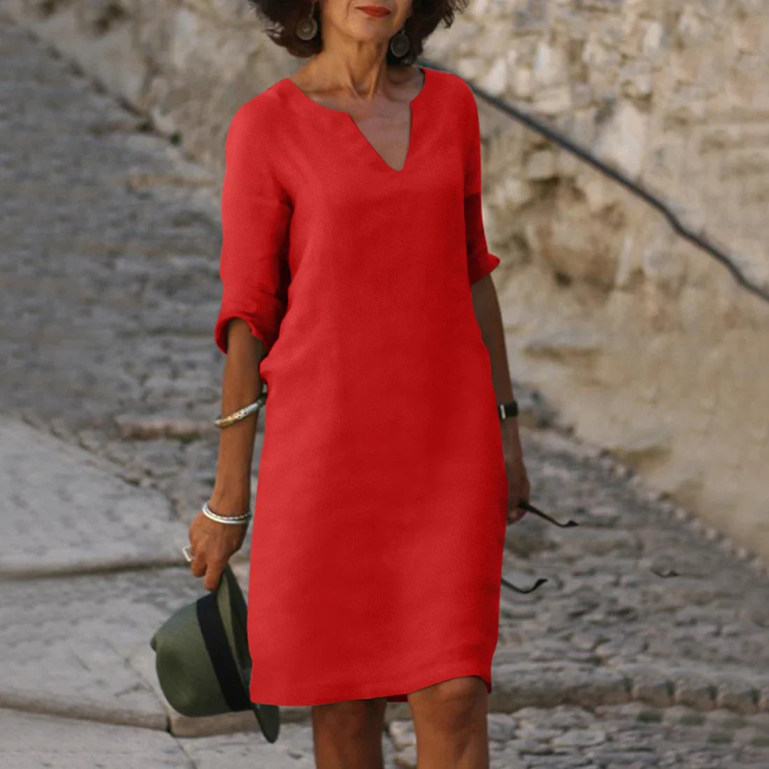 NOUVEAU RICHE Damenkleid V Ausschnitt 3 4 Ärmel Mini Figurschmeichelnd Rot