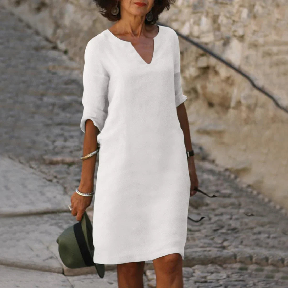 NOUVEAU RICHE Damenkleid V Ausschnitt 3 4 Ärmel Mini Figurschmeichelnd Weiß