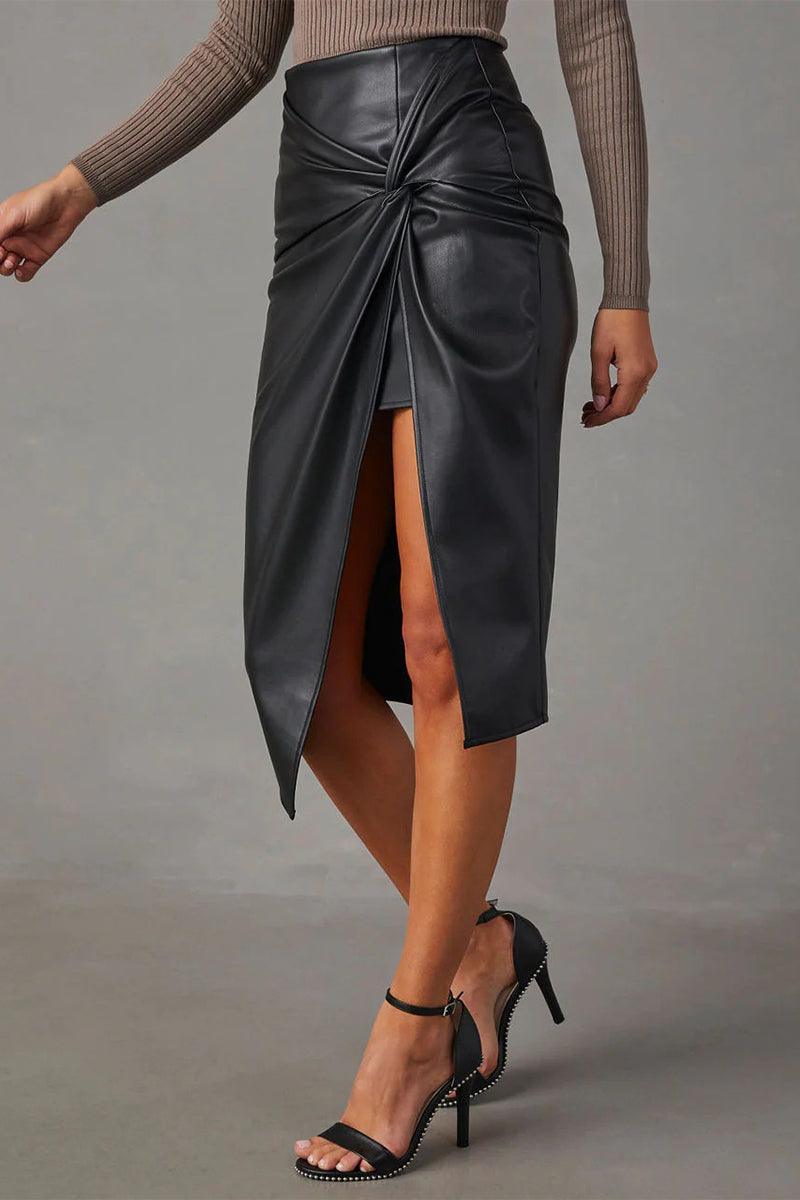 NOUVEAU RICHE Damenrock Aus Kunstleder Mit Hoher Taille Asymmetrisches Wickeldesign Midirock Mit Geknoteter Taille Für Elegante Outfits