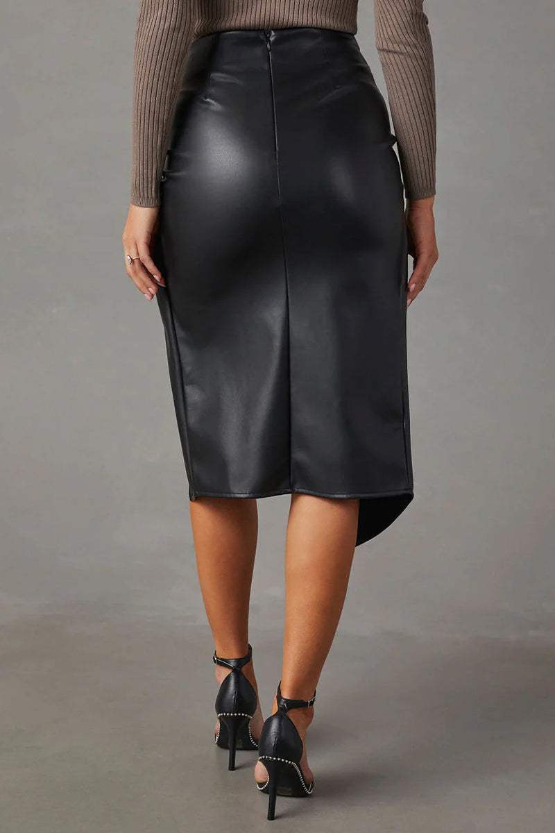 NOUVEAU RICHE Damenrock Aus Kunstleder Mit Hoher Taille Asymmetrisches Wickeldesign Midirock Mit Geknoteter Taille Für Elegante Outfits