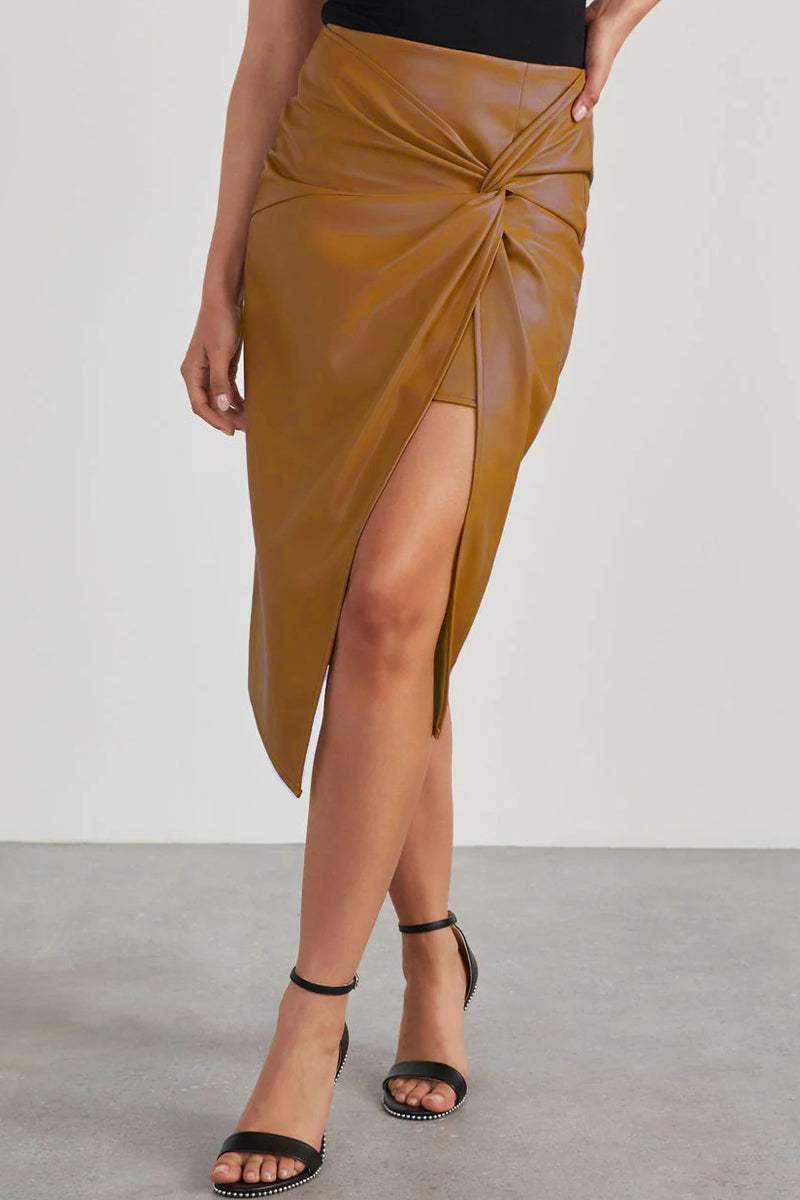 NOUVEAU RICHE Damenrock Aus Kunstleder Mit Hoher Taille Asymmetrisches Wickeldesign Midirock Mit Geknoteter Taille Für Elegante Outfits Aprikose