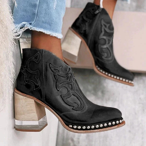 NOUVEAU RICHE Lederstiefel Bestickte Muster Hohe Chunky-Heels Stilvoll Schwarz