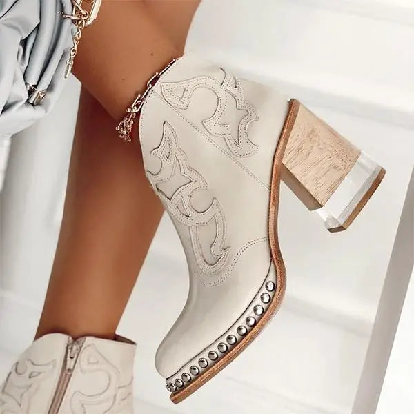 NOUVEAU RICHE Lederstiefel Bestickte Muster Hohe Chunky-Heels Stilvoll Weiß