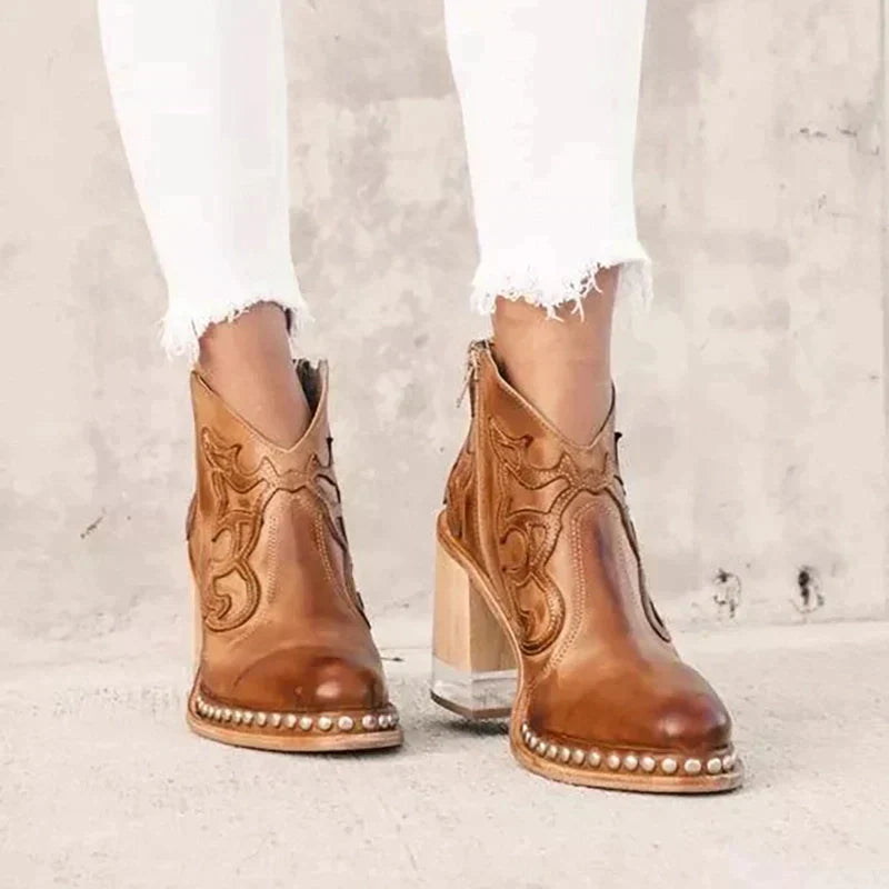 NOUVEAU RICHE Lederstiefel Bestickte Muster Hohe Chunky-Heels Stilvoll Braun