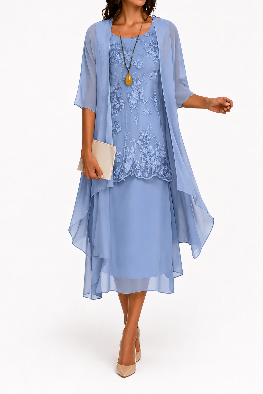 NOUVEAU RICHE Zahara | Damenkleid mit Rundhalsausschnitt und 3/4-Ärmeln für Hochzeitsgäste | Blumenmuster & Midi Himmelblau