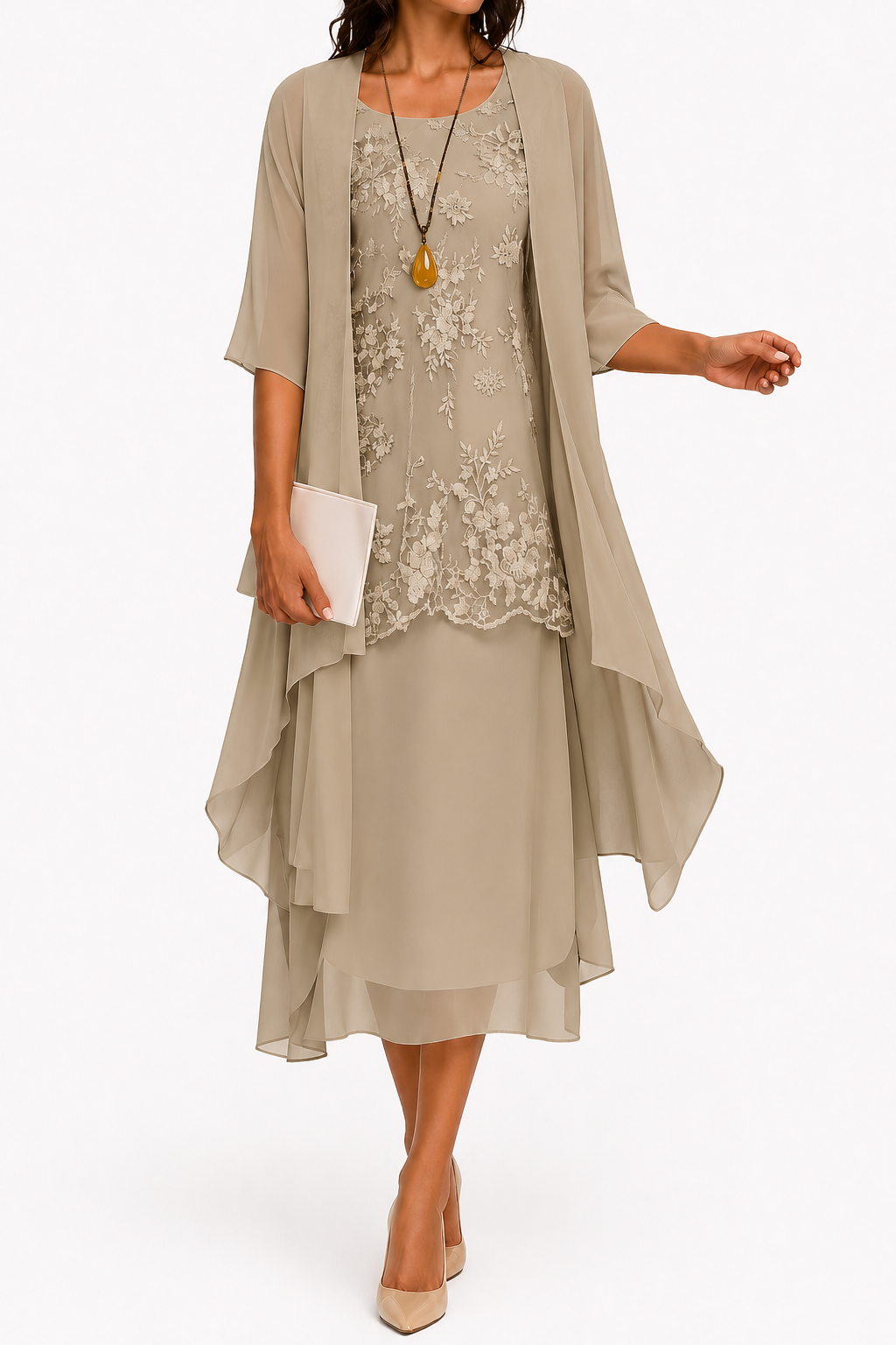NOUVEAU RICHE Zahara | Damenkleid mit Rundhalsausschnitt und 3/4-Ärmeln für Hochzeitsgäste | Blumenmuster & Midi Taupe