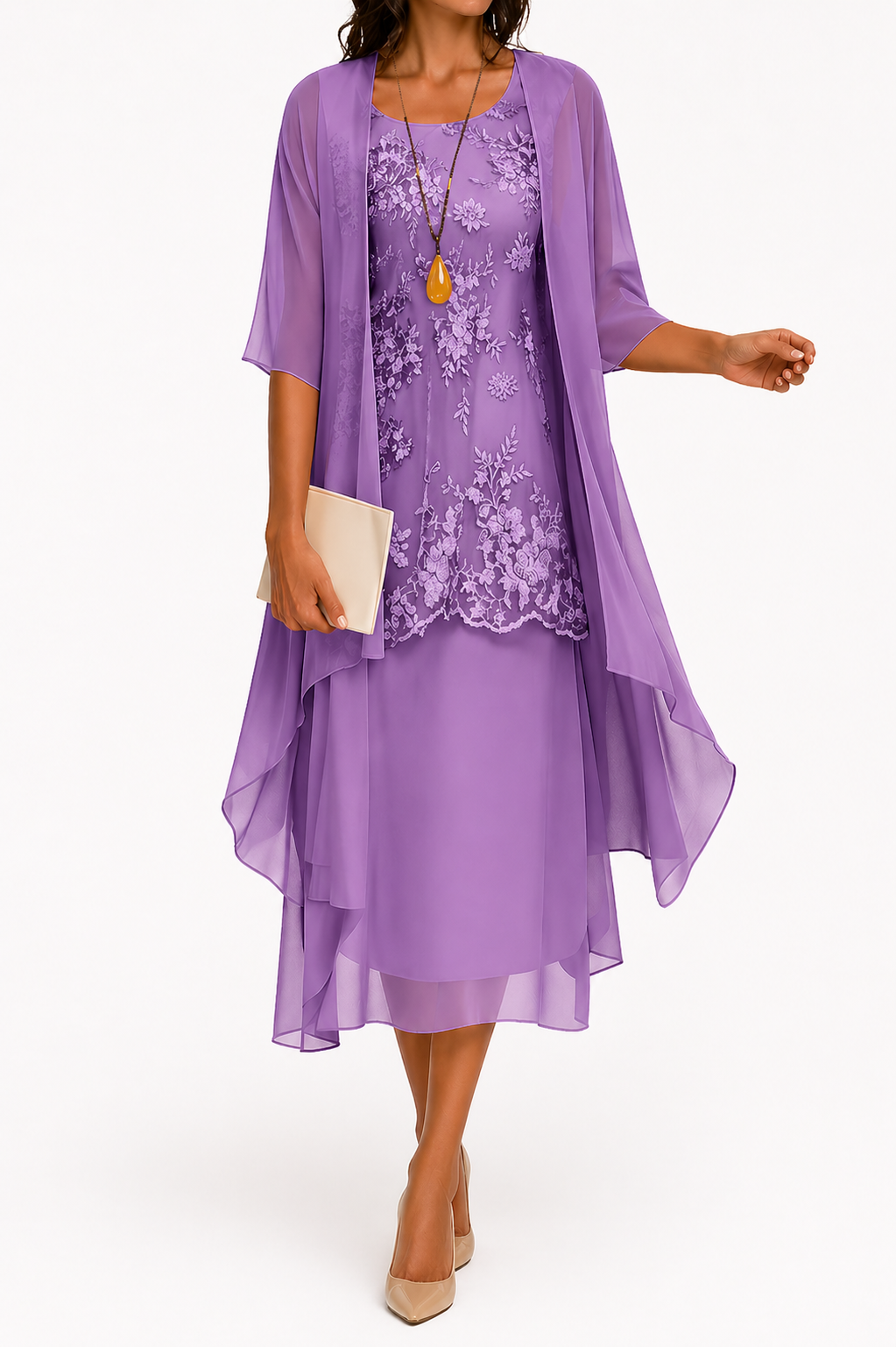 NOUVEAU RICHE Zahara | Damenkleid mit Rundhalsausschnitt und 3/4-Ärmeln für Hochzeitsgäste | Blumenmuster & Midi Violett