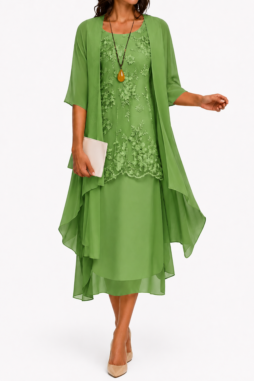 NOUVEAU RICHE Zahara | Damenkleid mit Rundhalsausschnitt und 3/4-Ärmeln für Hochzeitsgäste | Blumenmuster & Midi Grün