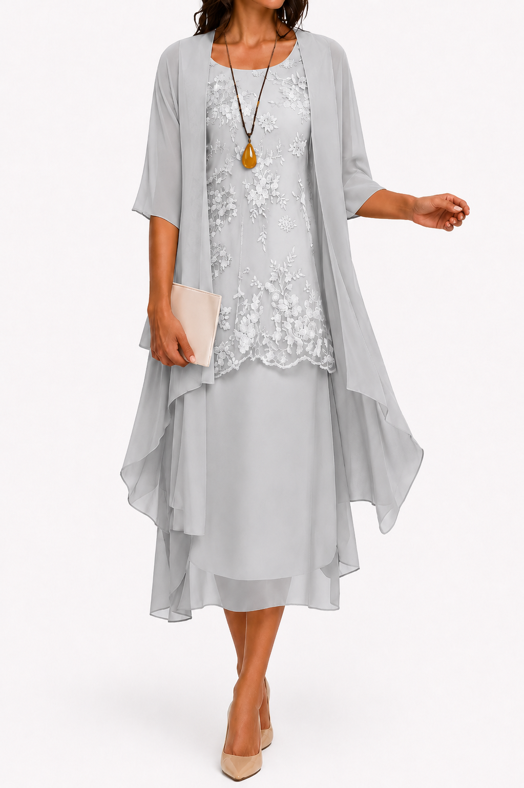 NOUVEAU RICHE Zahara | Damenkleid mit Rundhalsausschnitt und 3/4-Ärmeln für Hochzeitsgäste | Blumenmuster & Midi Grau