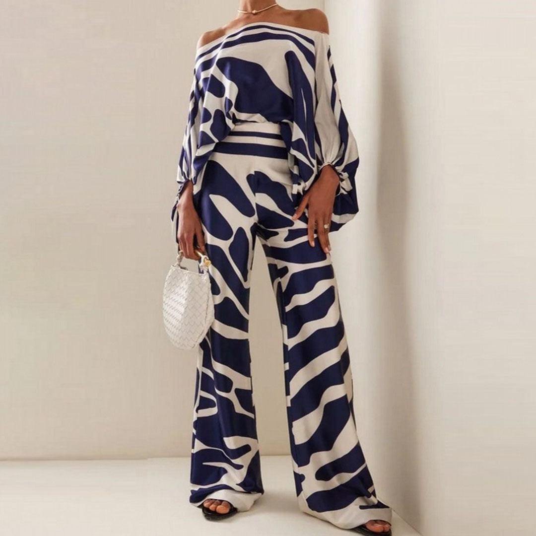 NOUVEAU RICHE Romantisches Off Schulter Zweiteiliges Sommerset Mit Prints Blau