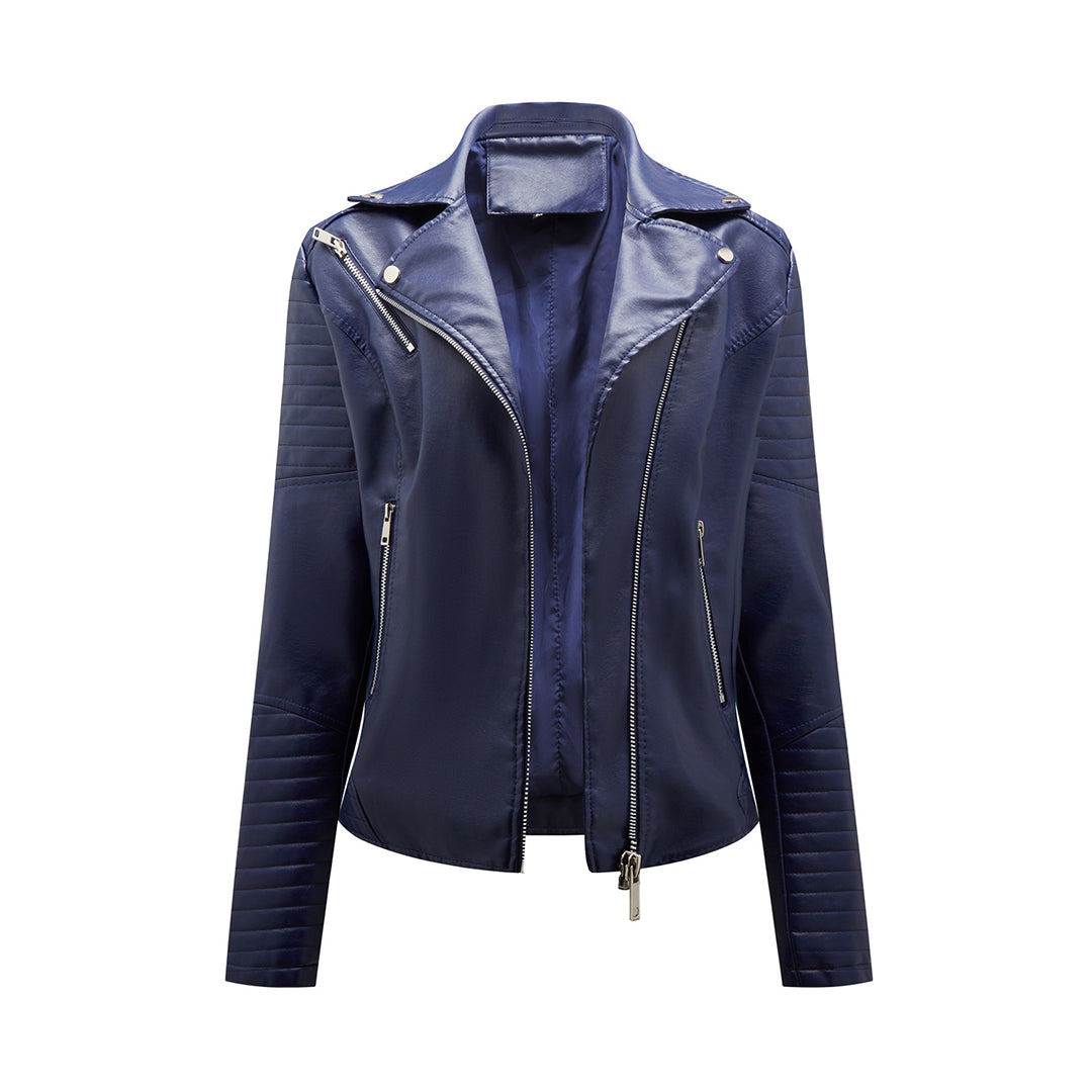 NOUVEAU RICHE Damen-Jacke Klassische PU Reißverschluss Reverskragen Dunkelblau