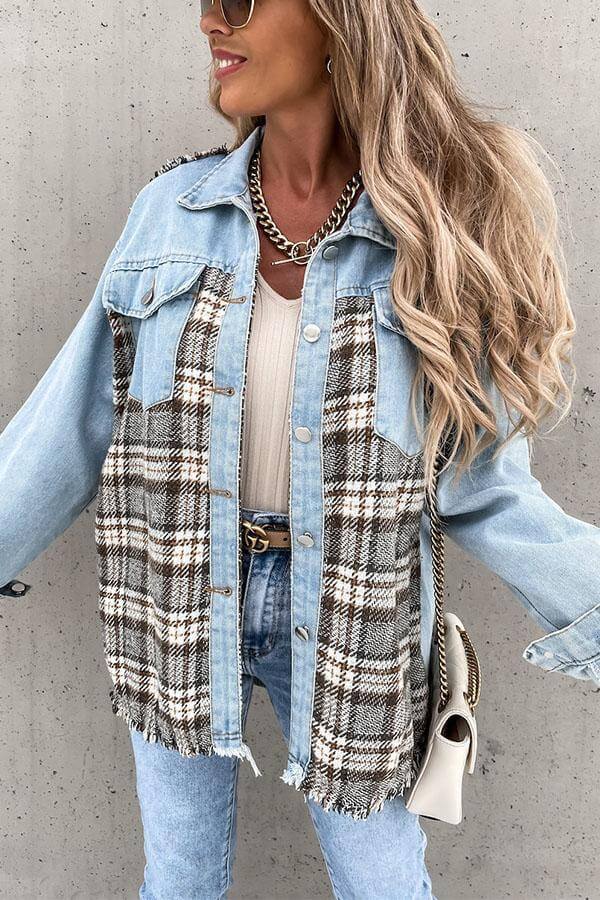 NOUVEAU RICHE Denim Jacke Lässige Mit Karo Muster Langarm Revers Bequem Blau