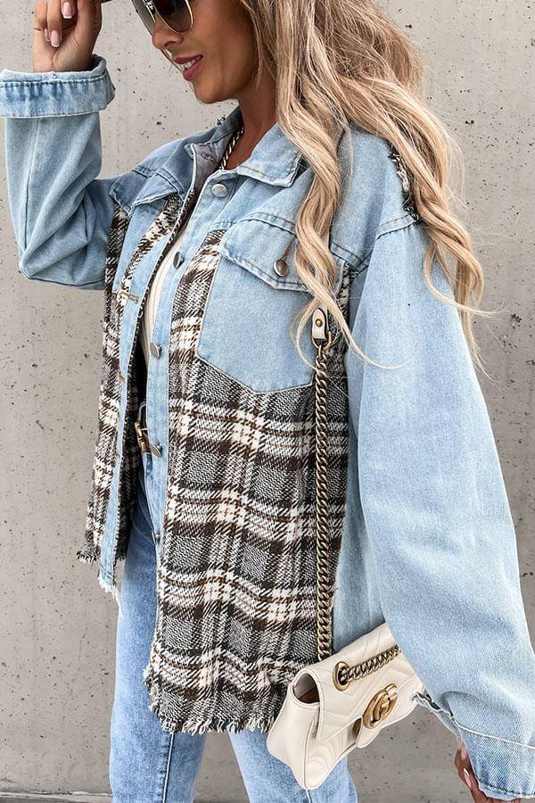 NOUVEAU RICHE Denim Jacke Lässige Mit Karo Muster Langarm Revers Bequem
