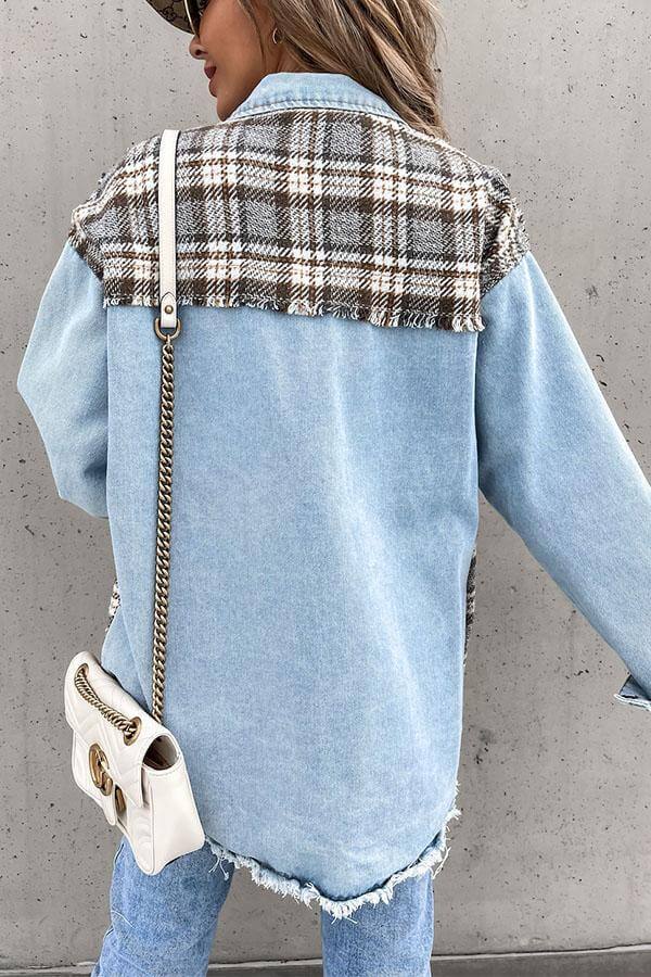 NOUVEAU RICHE Denim Jacke Lässige Mit Karo Muster Langarm Revers Bequem