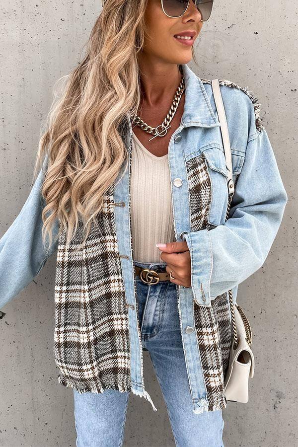 NOUVEAU RICHE Denim Jacke Lässige Mit Karo Muster Langarm Revers Bequem