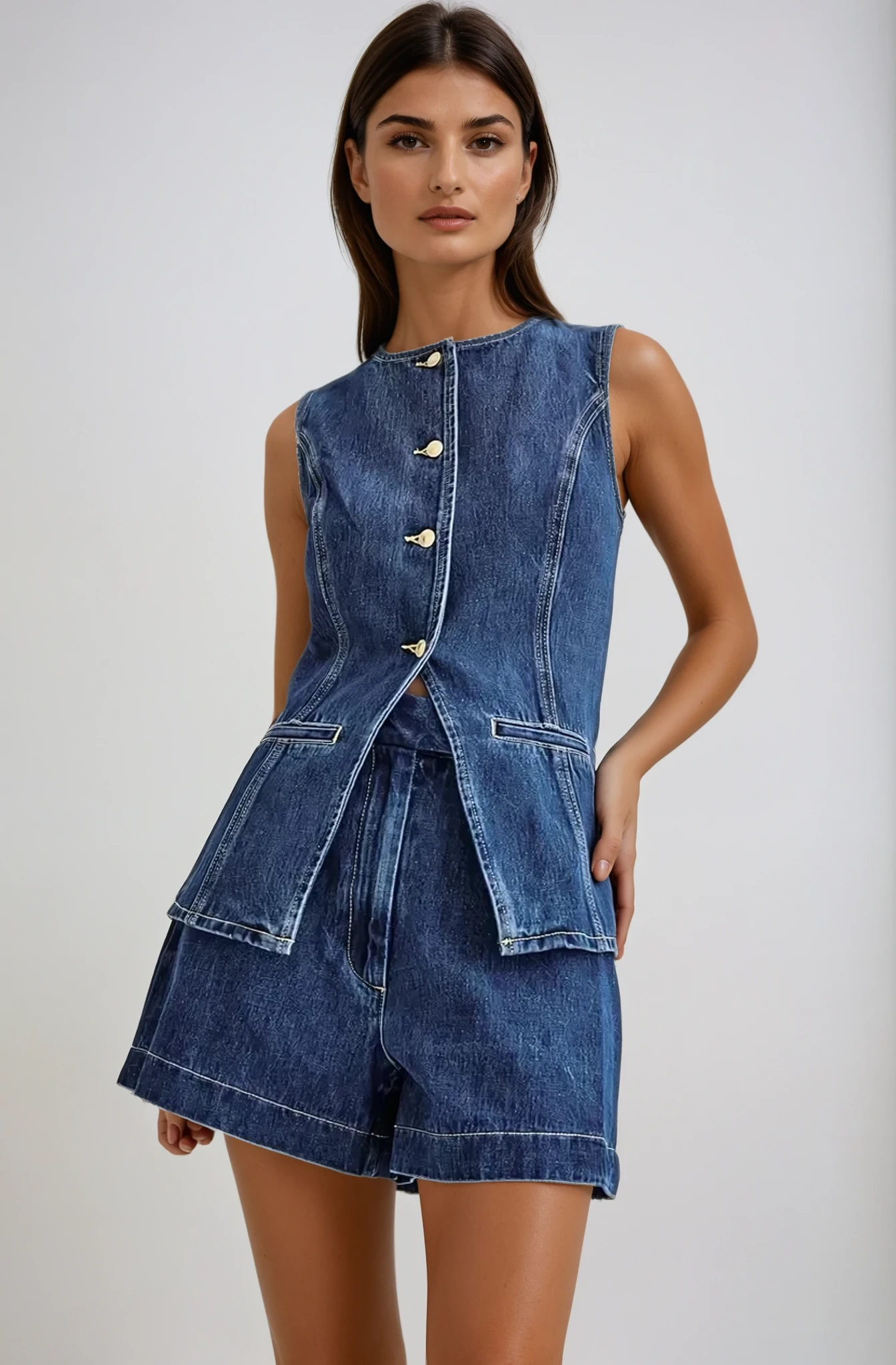 NOUVEAU RICHE Denim Set Mit Knopf Gilet Und Passenden Shorts Lässig