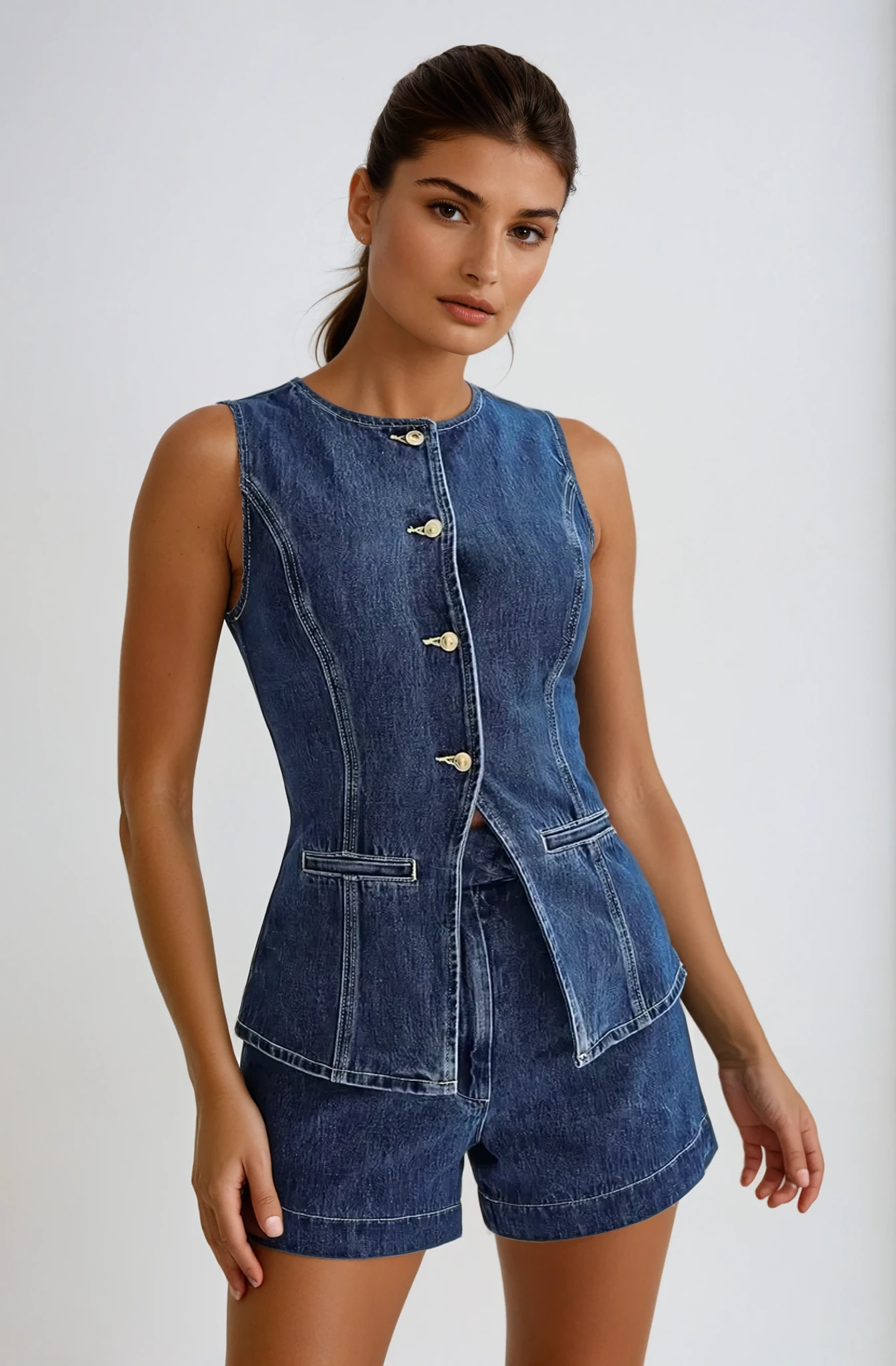 NOUVEAU RICHE Denim Set Mit Knopf Gilet Und Passenden Shorts Lässig