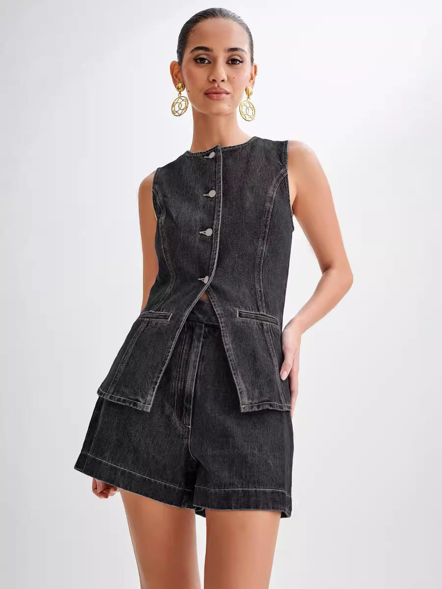 NOUVEAU RICHE Denim Set Mit Knopf Gilet Und Passenden Shorts Lässig Denim Schwarz