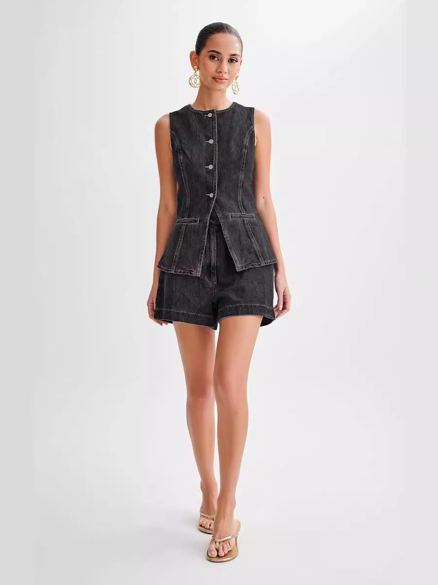 NOUVEAU RICHE Denim Set Mit Knopf Gilet Und Passenden Shorts Lässig