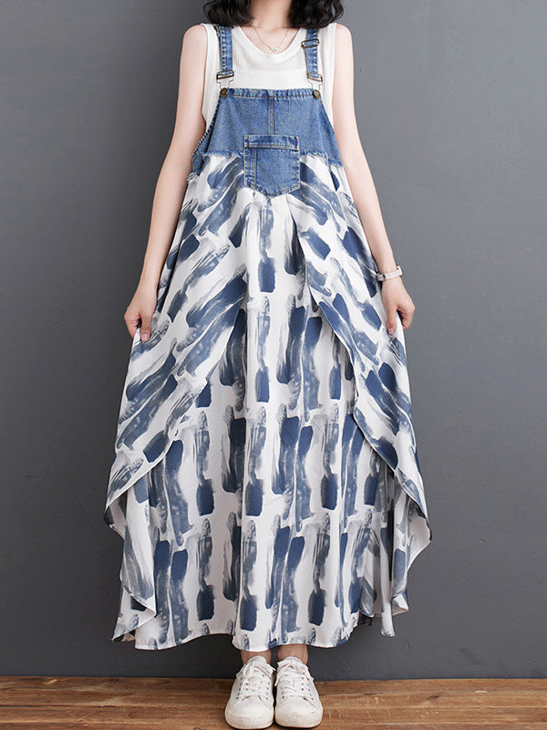 NOUVEAU RICHE Denim Patchwork Aquarell Maxi Overallkleid Mit Verstellbaren Schulterträgern Und Entspannter Passform Für Einen Vintage-Look Blau